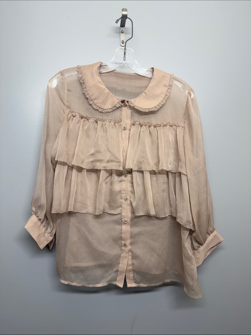 Sheer Blush Pink Ruffled Cottagecore Peasant Button-Down Blouse